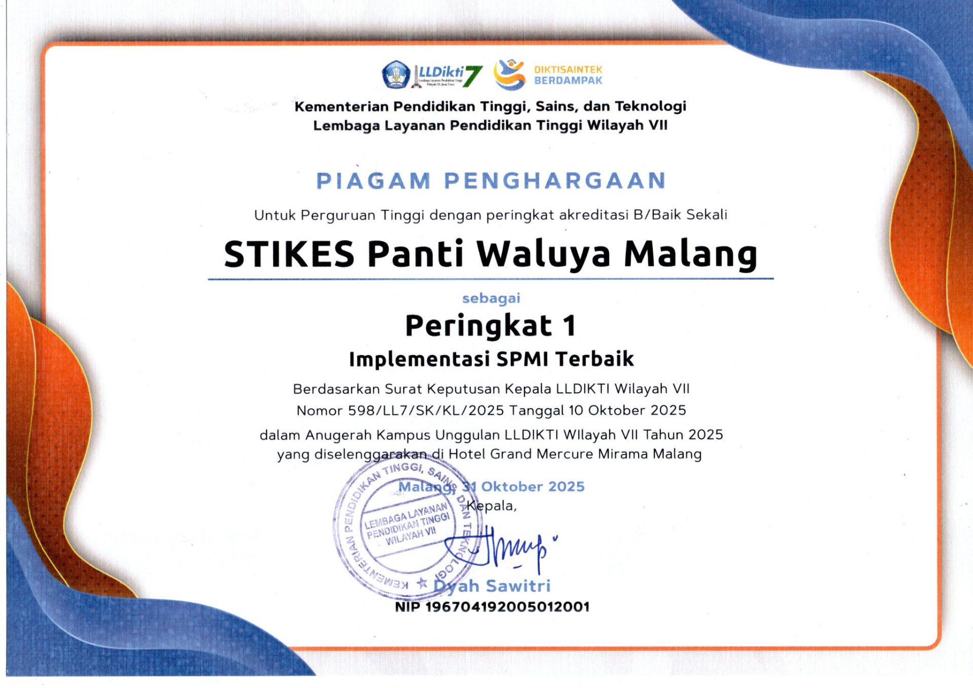 Piagam Implementasi SPMI Terbaik